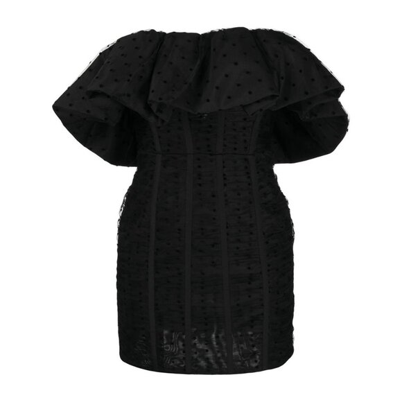 Self-Portrait Strapless Swiss Dot Frill Mini Cocktail Dress Black Size 10 NWT - Picture 3 of 10